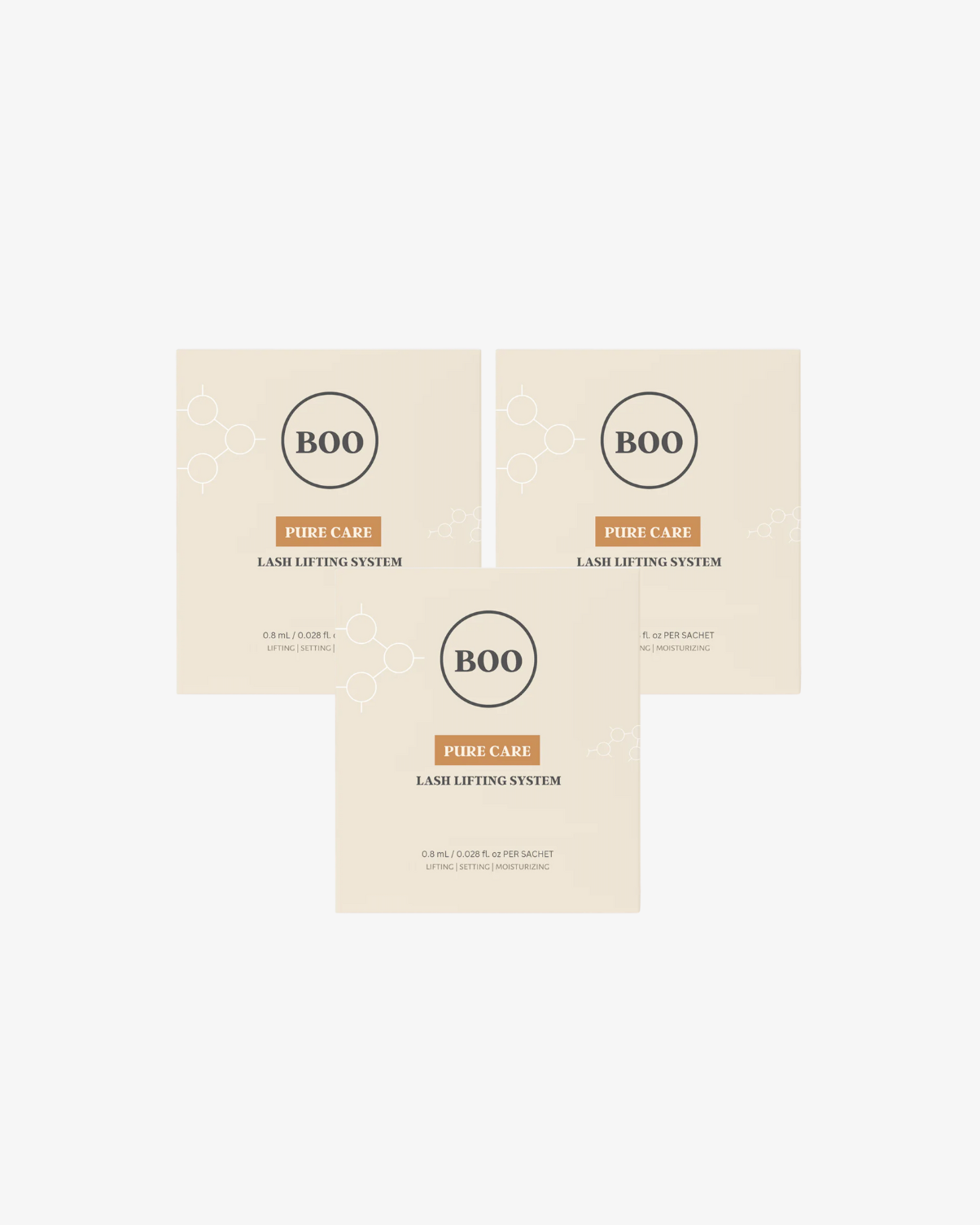 Three boxes of 'BOO' face care products on a white background
